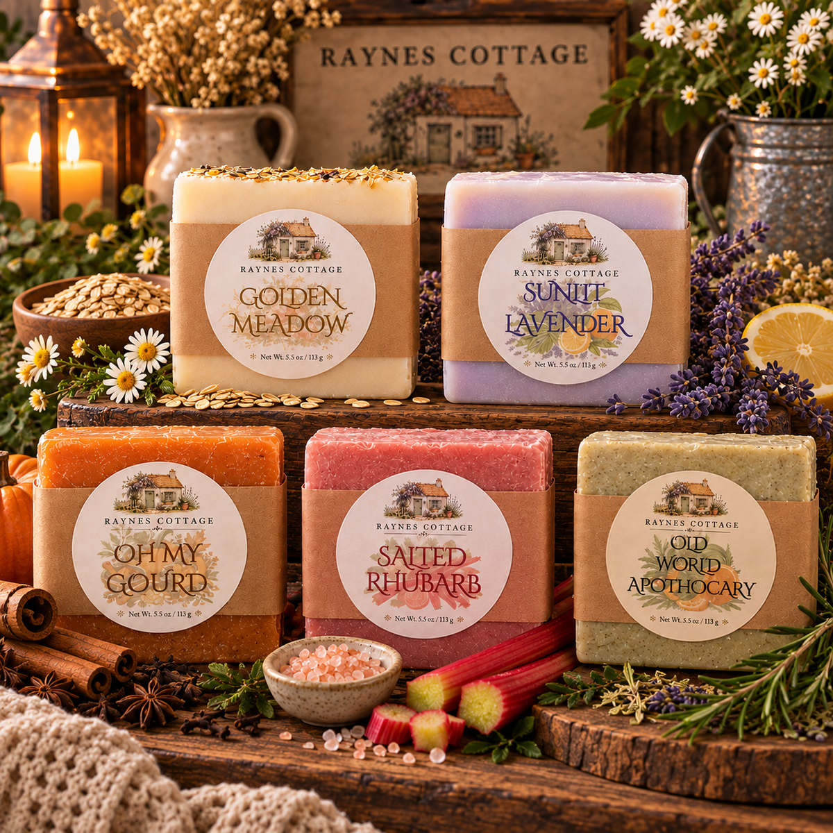 Assorted Raynes Cottage handcrafted botanical soap bars with rustic labels