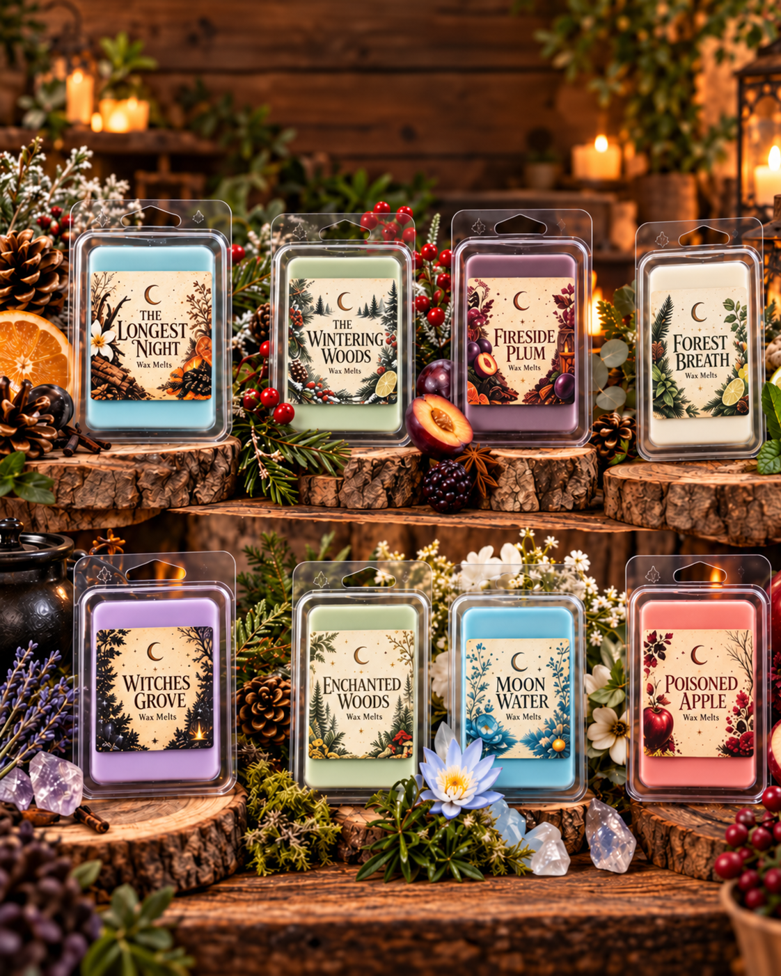 Assorted handmade Raynes Cottage wax melts in different colors and shapes