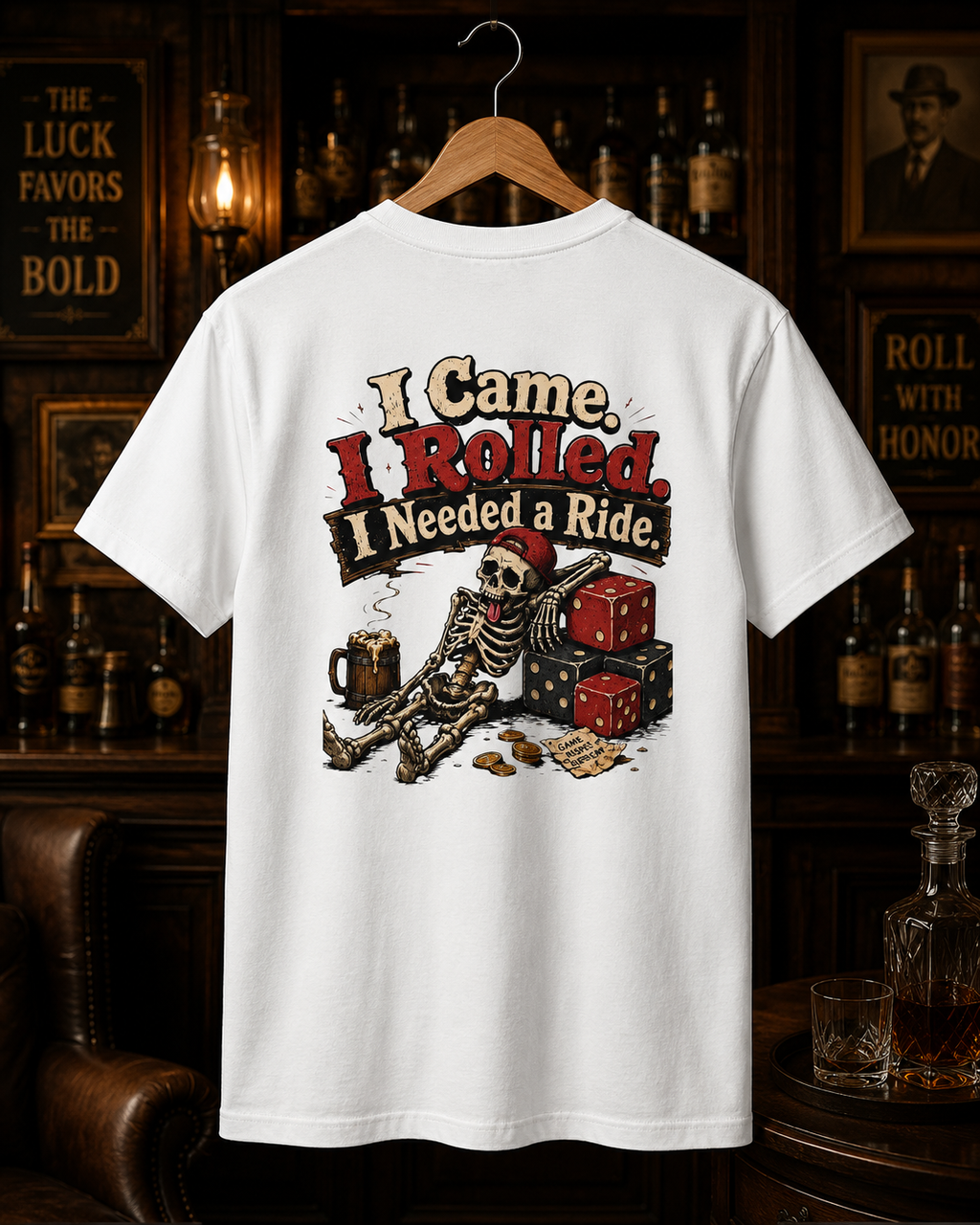 I Came I Rolled I Needed a Ride Shirt | Funny Dice Game T-Shirt | Skeleton Gamer Tee | Board Game Night Gift