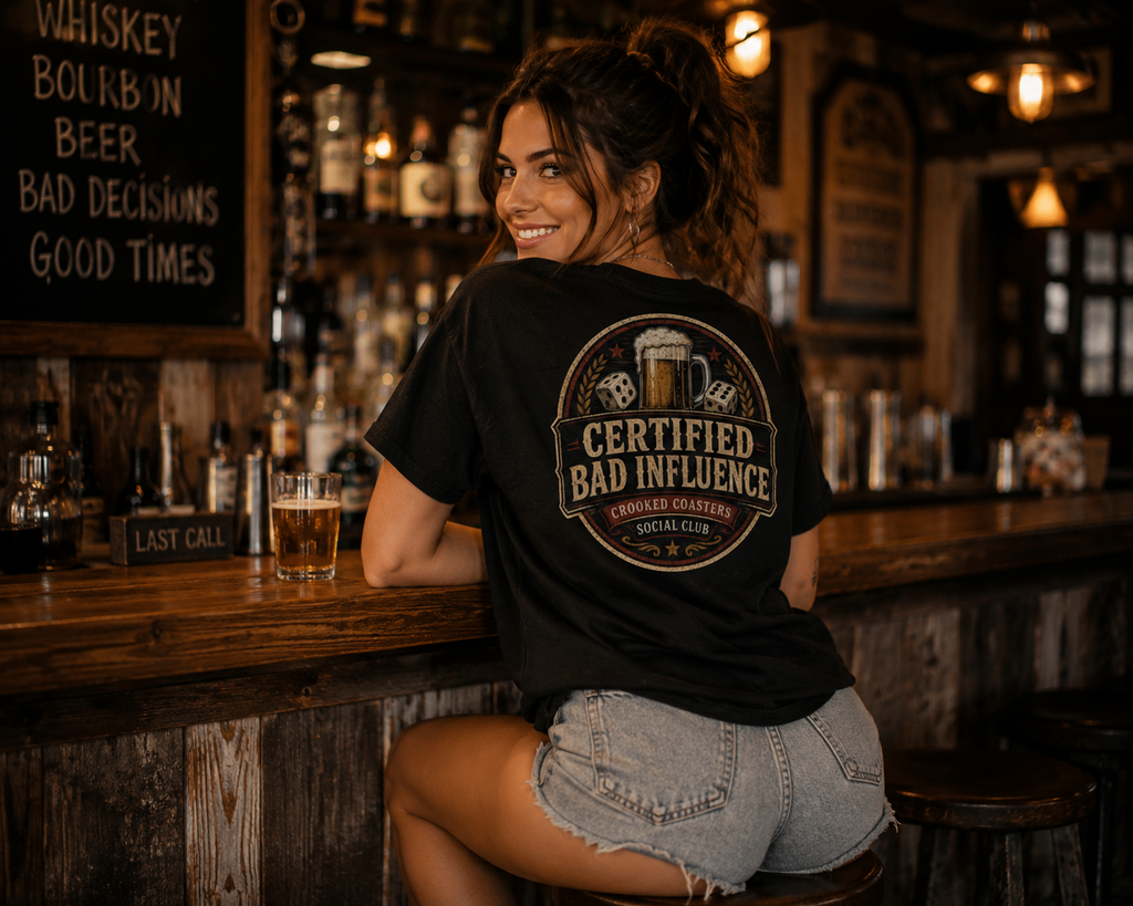 Certified Bad Influence T-Shirt | Funny Beer Lover Shirt | Brewery Graphic Tee | Crooked Coasters Social Club | Pub & Game Night Gift