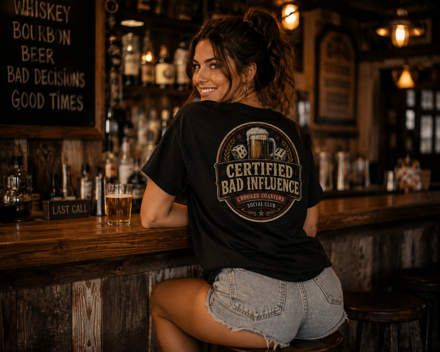 Certified Bad Influence T-Shirt | Funny Beer Lover Shirt | Brewery Graphic Tee | Crooked Coasters Social Club | Pub & Game Night Gift