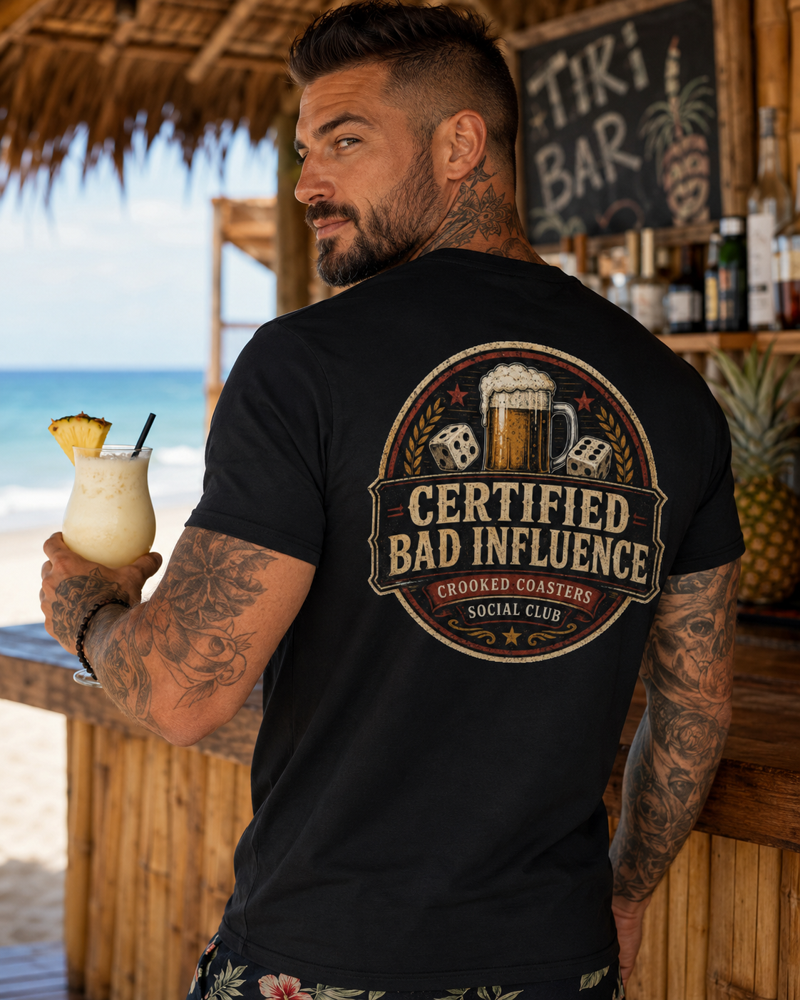 Certified Bad Influence T-Shirt | Funny Beer Lover Shirt | Brewery Graphic Tee | Crooked Coasters Social Club | Pub & Game Night Gift