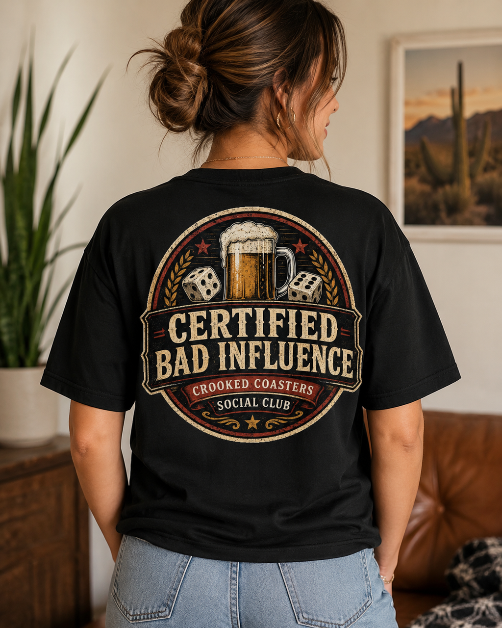 Certified Bad Influence T-Shirt | Funny Beer Lover Shirt | Brewery Graphic Tee | Crooked Coasters Social Club | Pub & Game Night Gift