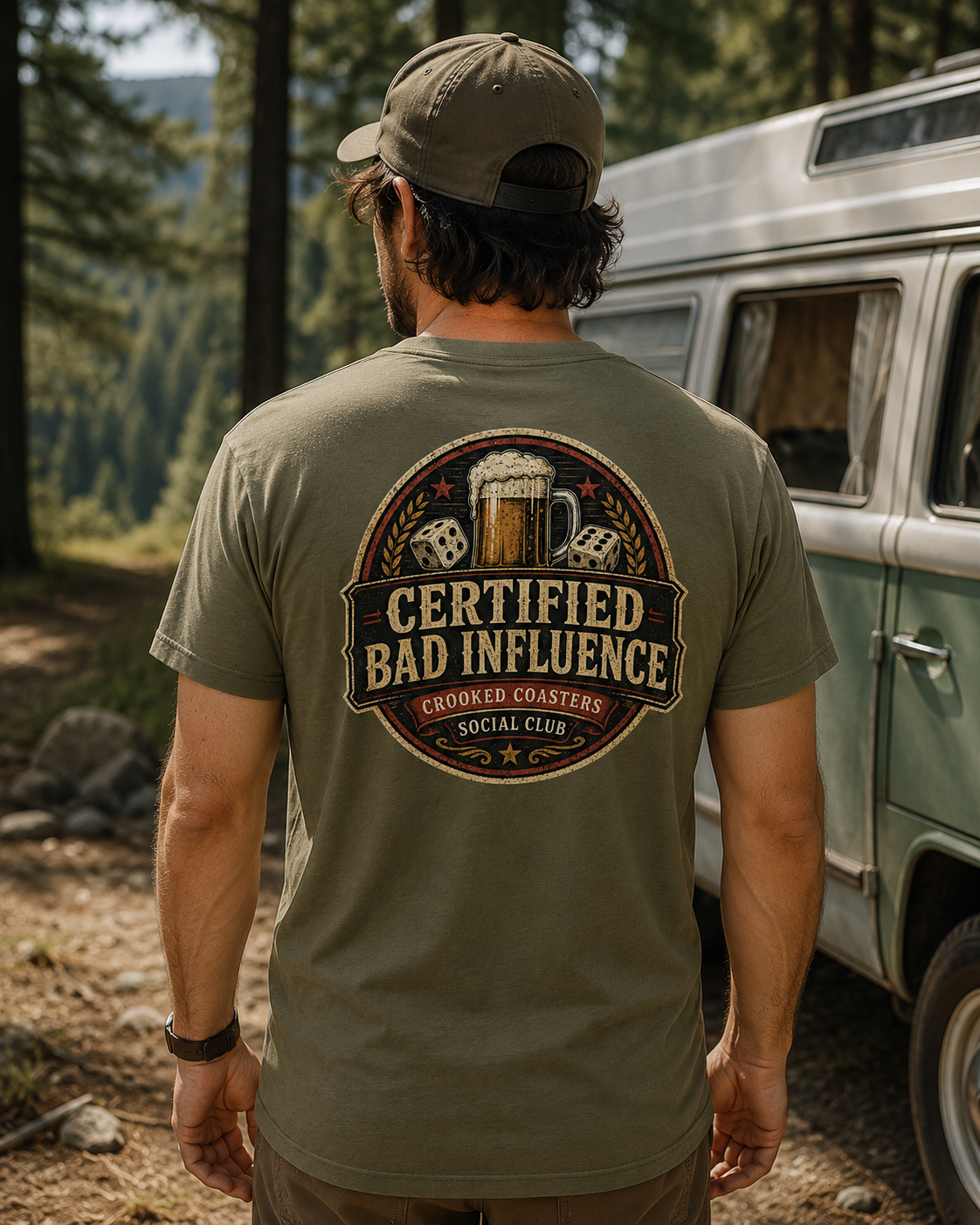Certified Bad Influence T-Shirt | Funny Beer Lover Shirt | Brewery Graphic Tee | Crooked Coasters Social Club | Pub & Game Night Gift