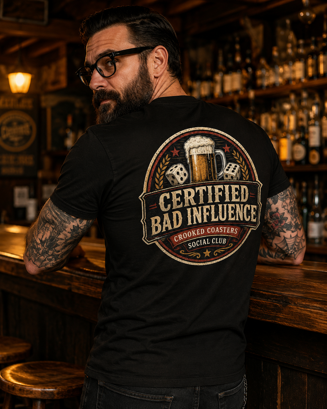 Certified Bad Influence T-Shirt | Funny Beer Lover Shirt | Brewery Graphic Tee | Crooked Coasters Social Club | Pub & Game Night Gift