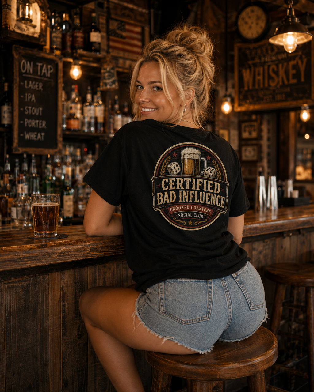 Certified Bad Influence T-Shirt | Funny Beer Lover Shirt | Brewery Graphic Tee | Crooked Coasters Social Club | Pub & Game Night Gift