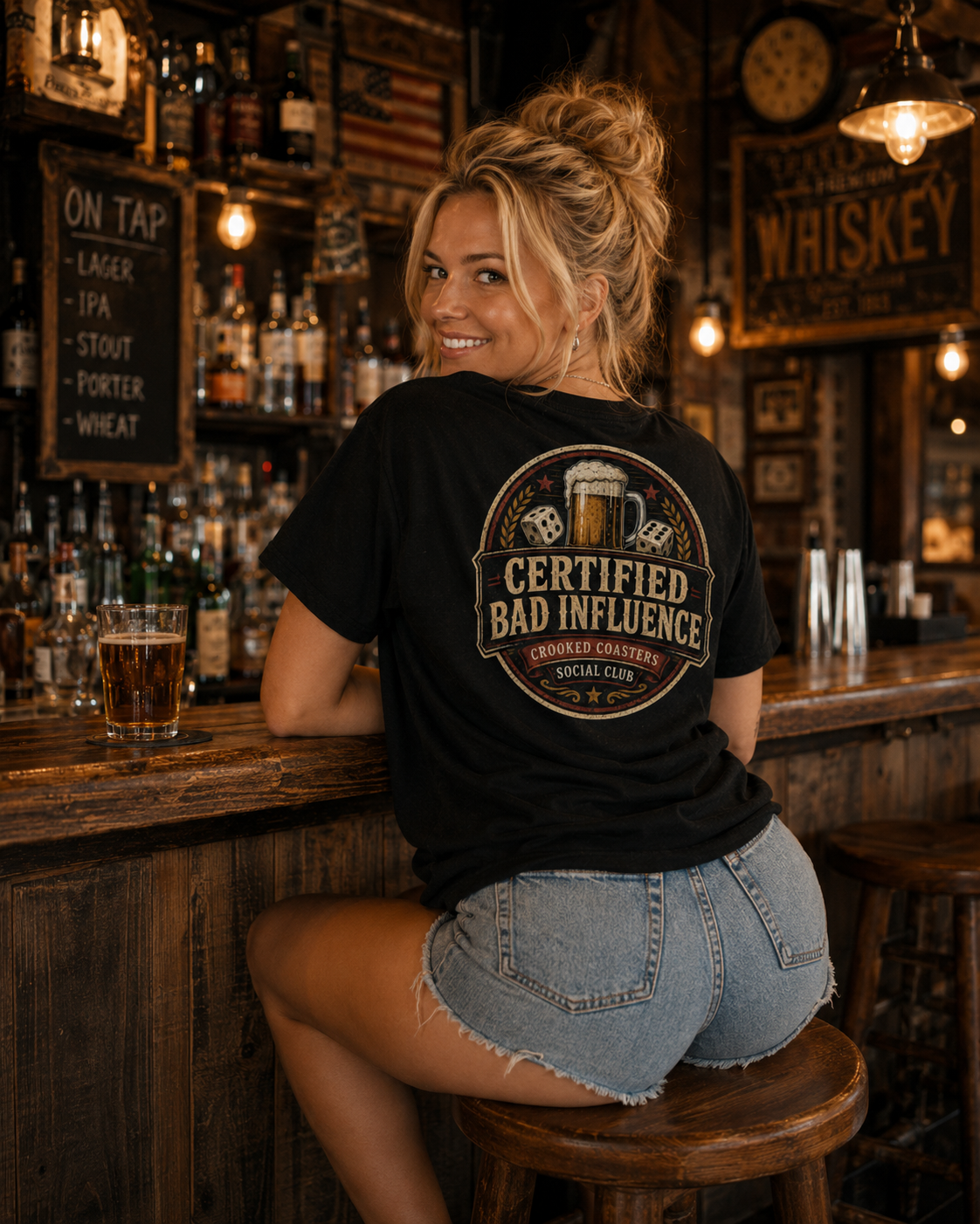 Certified Bad Influence T-Shirt | Funny Beer Lover Shirt | Brewery Graphic Tee | Crooked Coasters Social Club | Pub & Game Night Gift