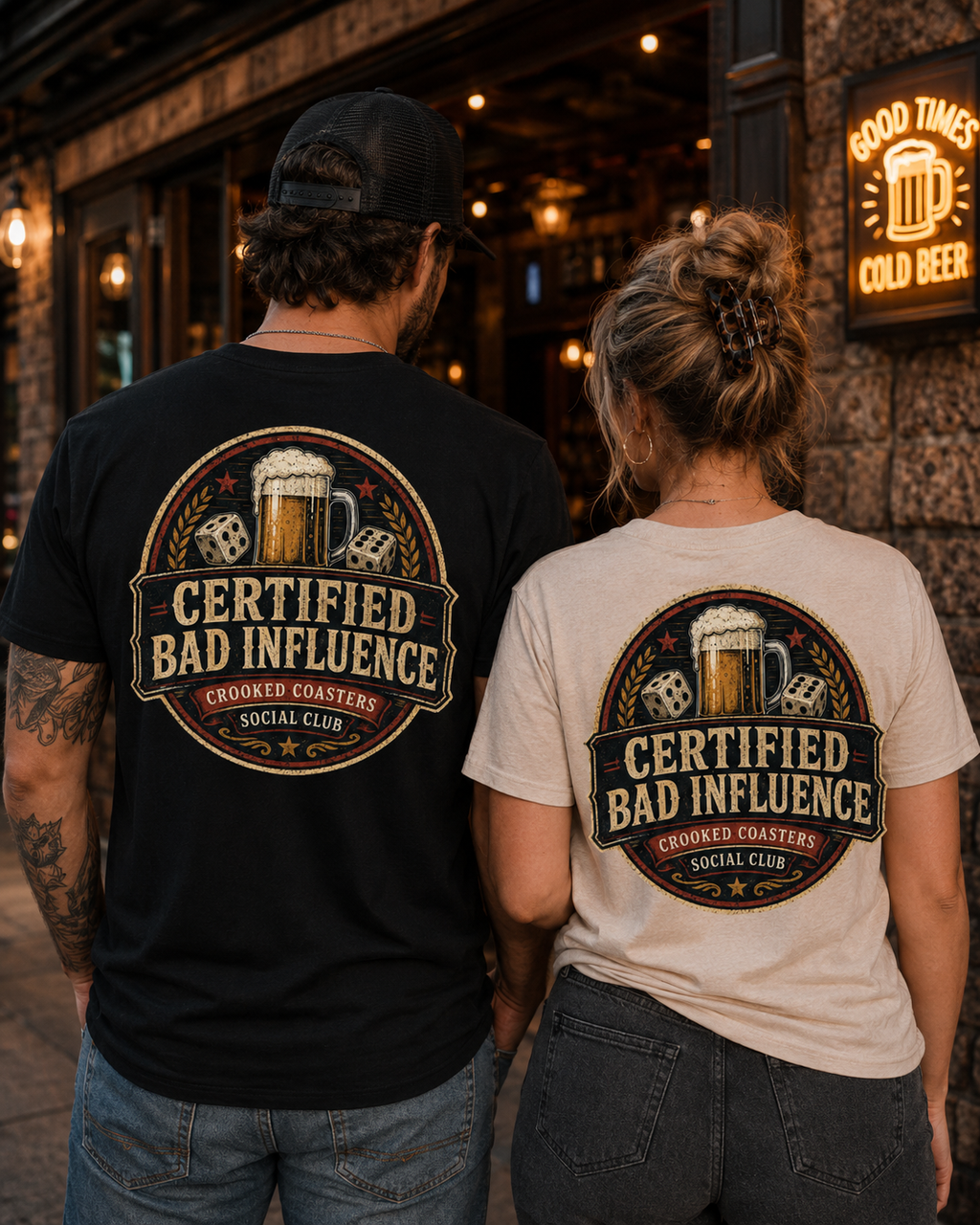 Certified Bad Influence T-Shirt | Funny Beer Lover Shirt | Brewery Graphic Tee | Crooked Coasters Social Club | Pub & Game Night Gift