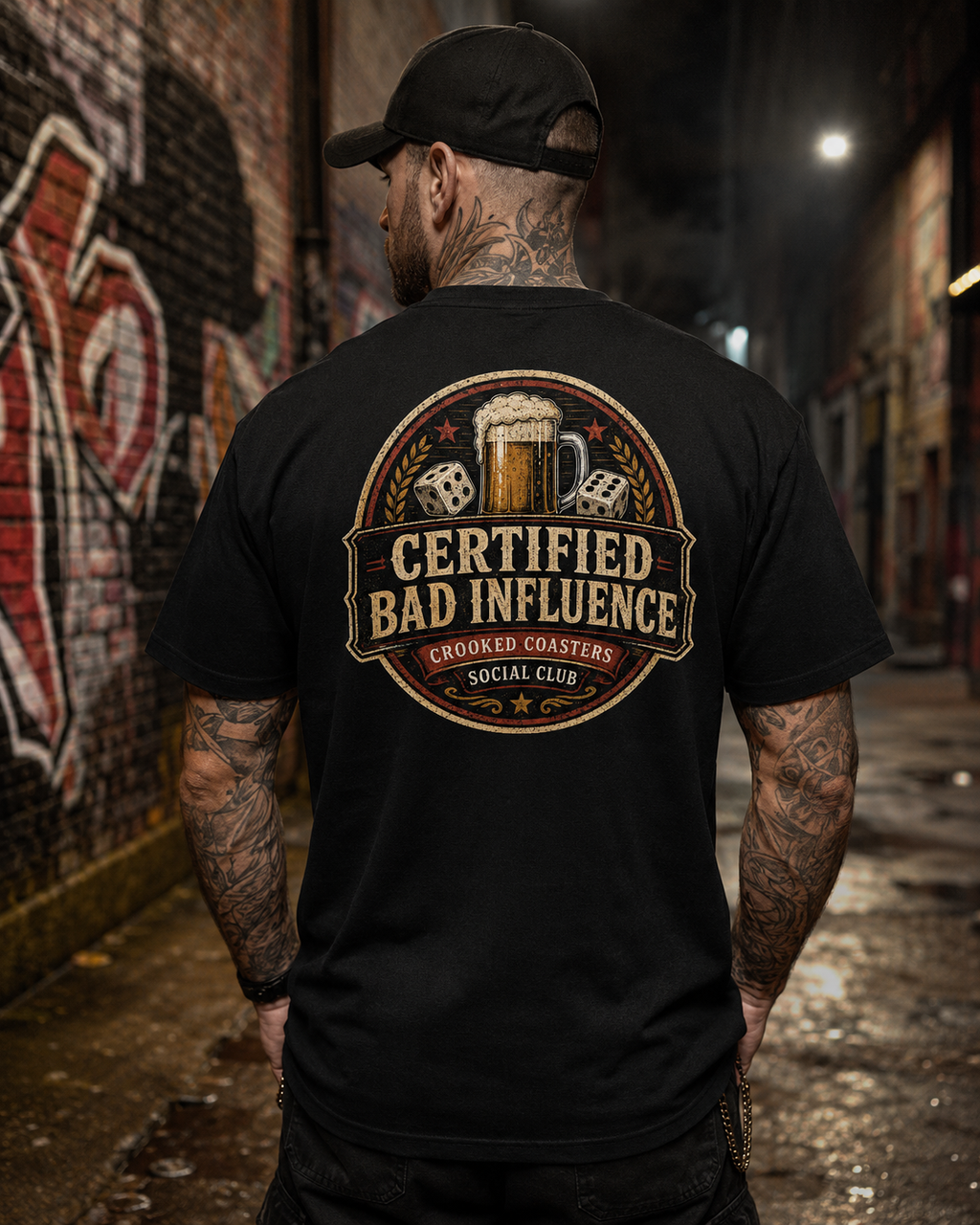 Certified Bad Influence T-Shirt | Funny Beer Lover Shirt | Brewery Graphic Tee | Crooked Coasters Social Club | Pub & Game Night Gift