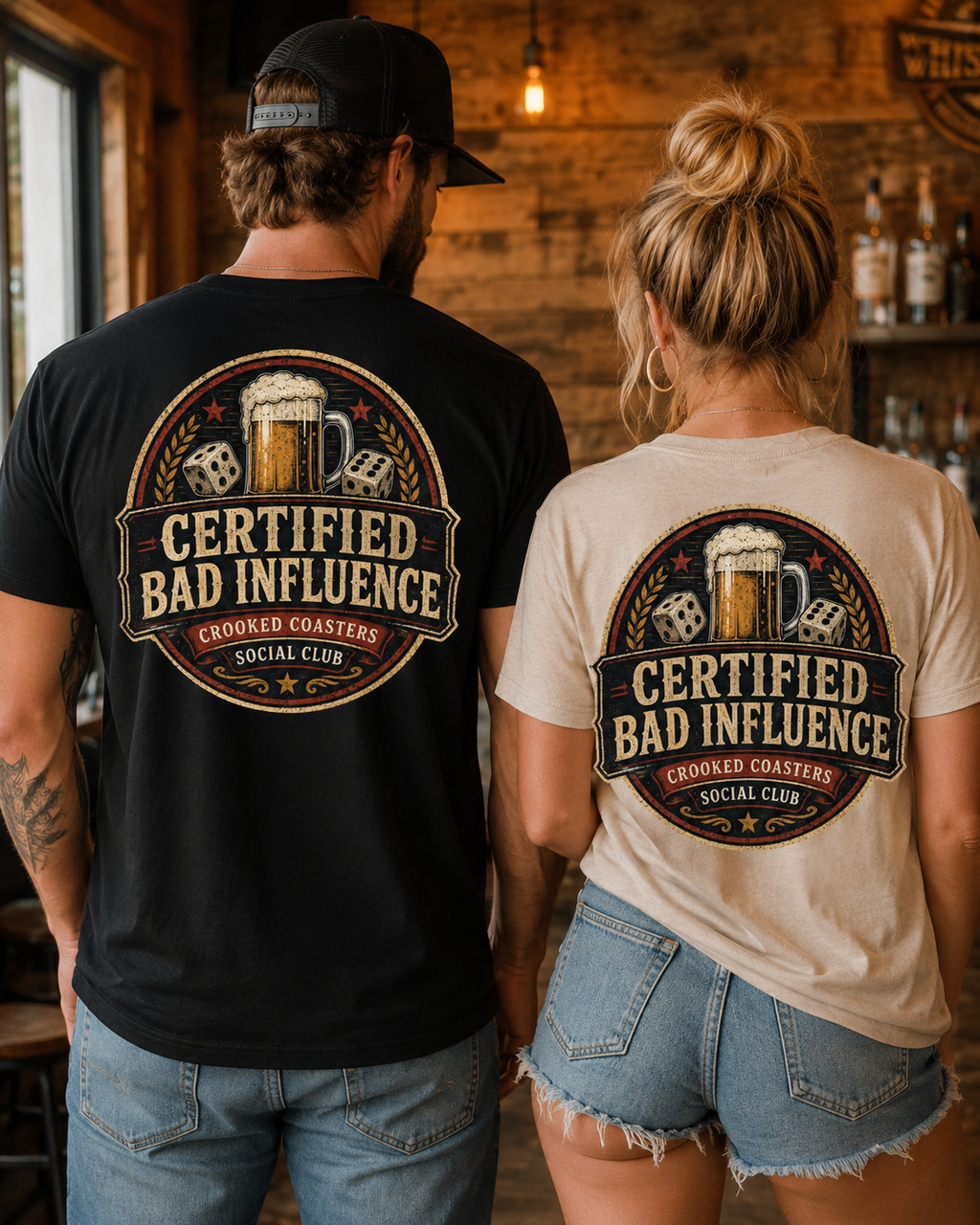 Certified Bad Influence T-Shirt | Funny Beer Lover Shirt | Brewery Graphic Tee | Crooked Coasters Social Club | Pub & Game Night Gift