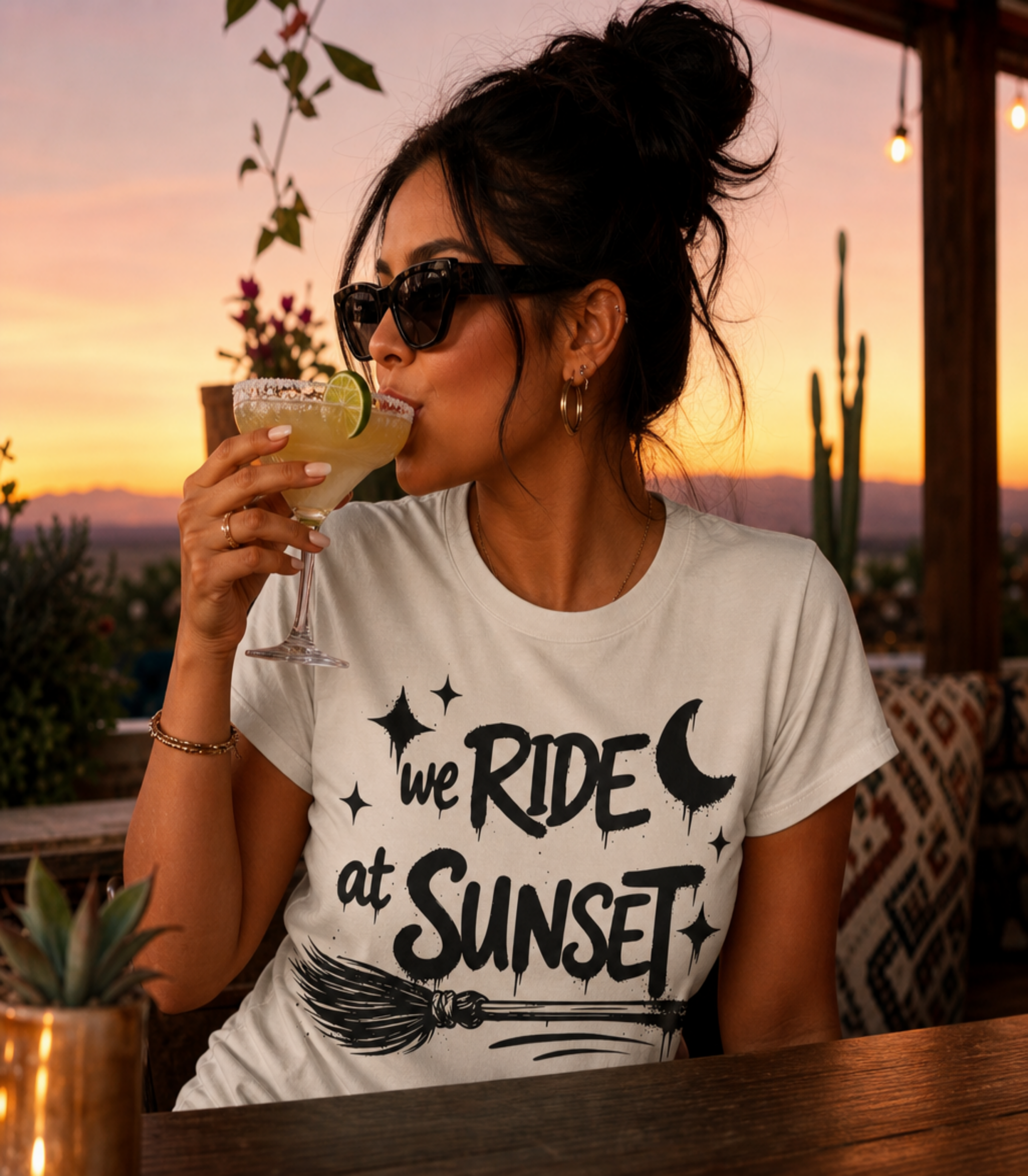 We Ride at Sunset T-Shirt | Retro Adventure Graphic Tee | Moon and Stars Shirt | Sunset Lover Gift | Unisex Casual Tee