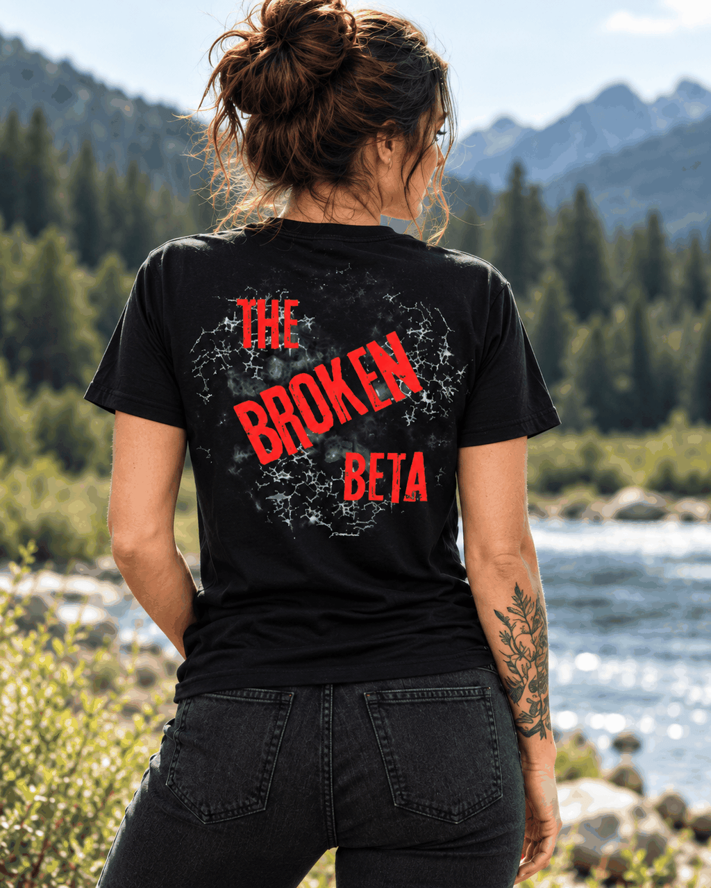 The Broken Beta T-shirt, Black tee modeled with large back graphic