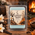 The Longest Night Wax melt in pale blue clamshell packaging, with a woodland label featuring a crescent moon and botanical artwork