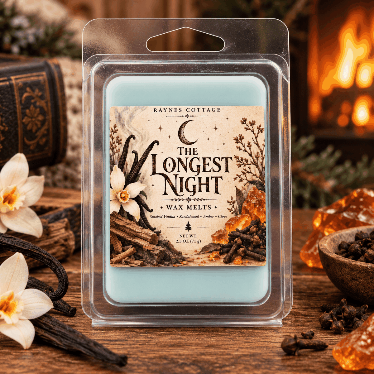 The Longest Night Wax melt in pale blue clamshell packaging, with a woodland label featuring a crescent moon and botanical artwork