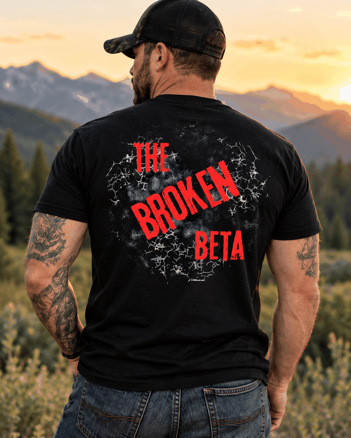 The Broken Beta T-shirt, Black tee modeled outdoors with large back graphic