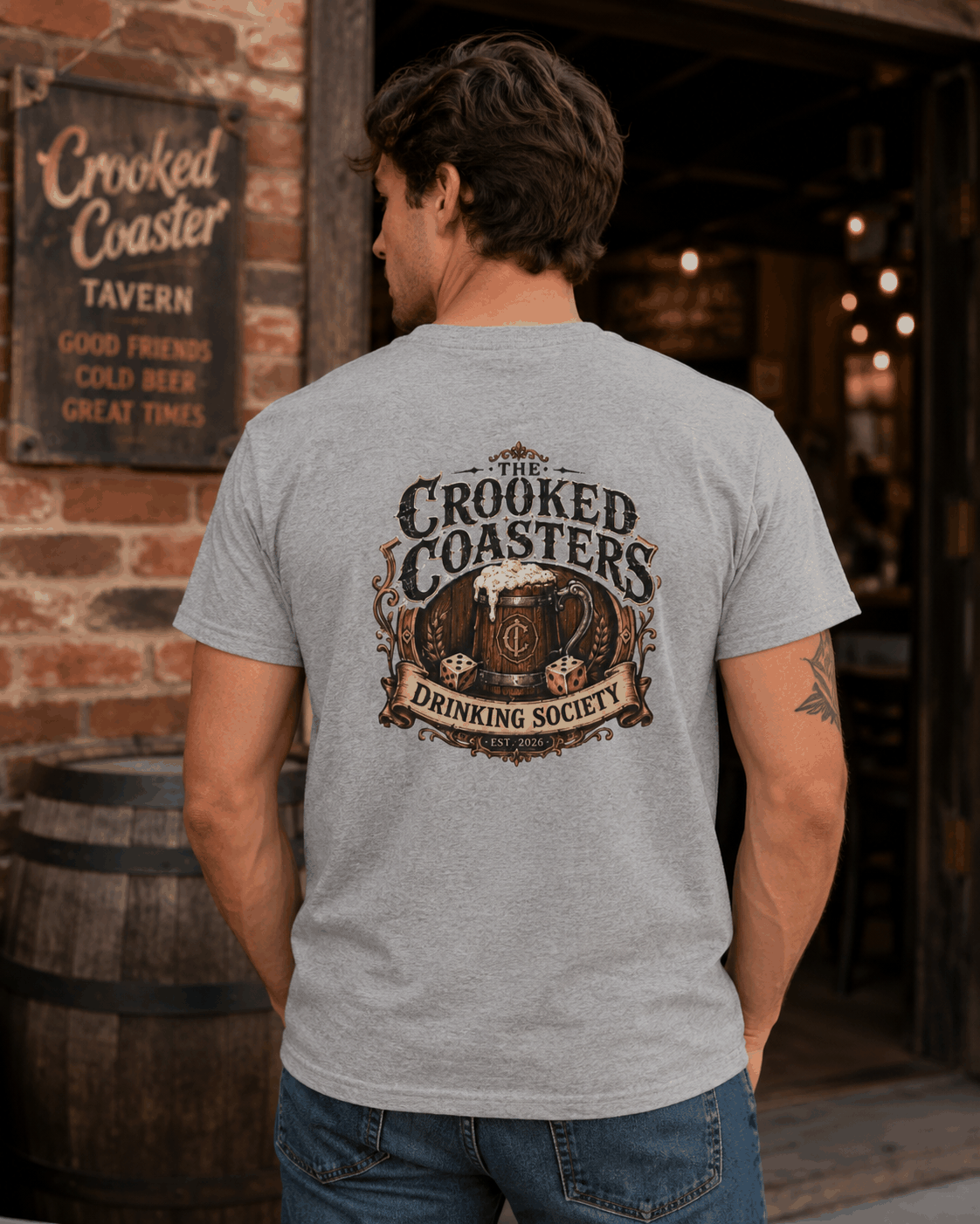 Crooked Coasters Drinking Society T-shirt, Sport Grey tee modeled from the back