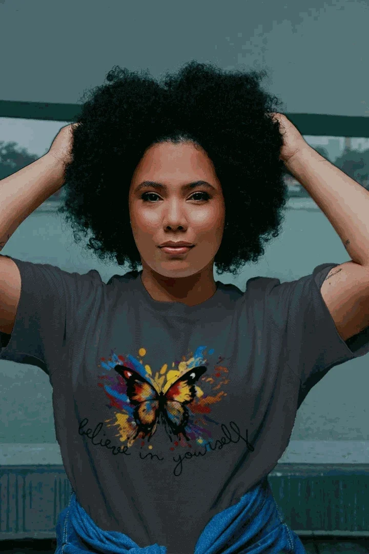 Believe in Yourself T-shirt, Charcoal front lifestyle view with colorful butterfly graphic