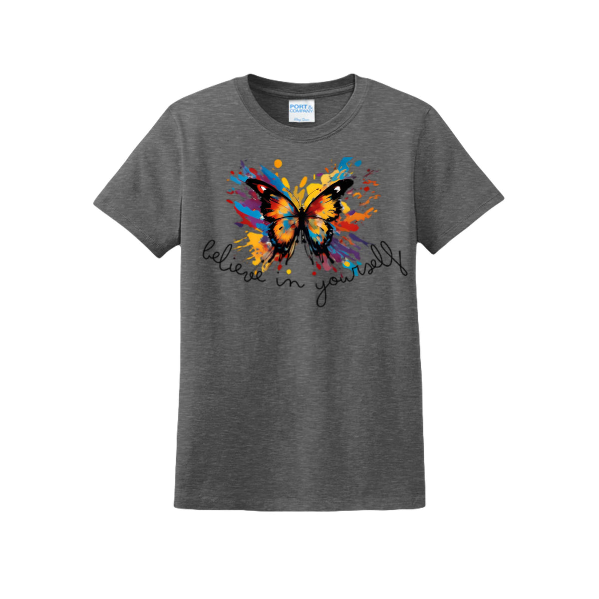 Believe in Yourself T-shirt, Dark Heather Grey front product mockup with colorful butterfly graphic