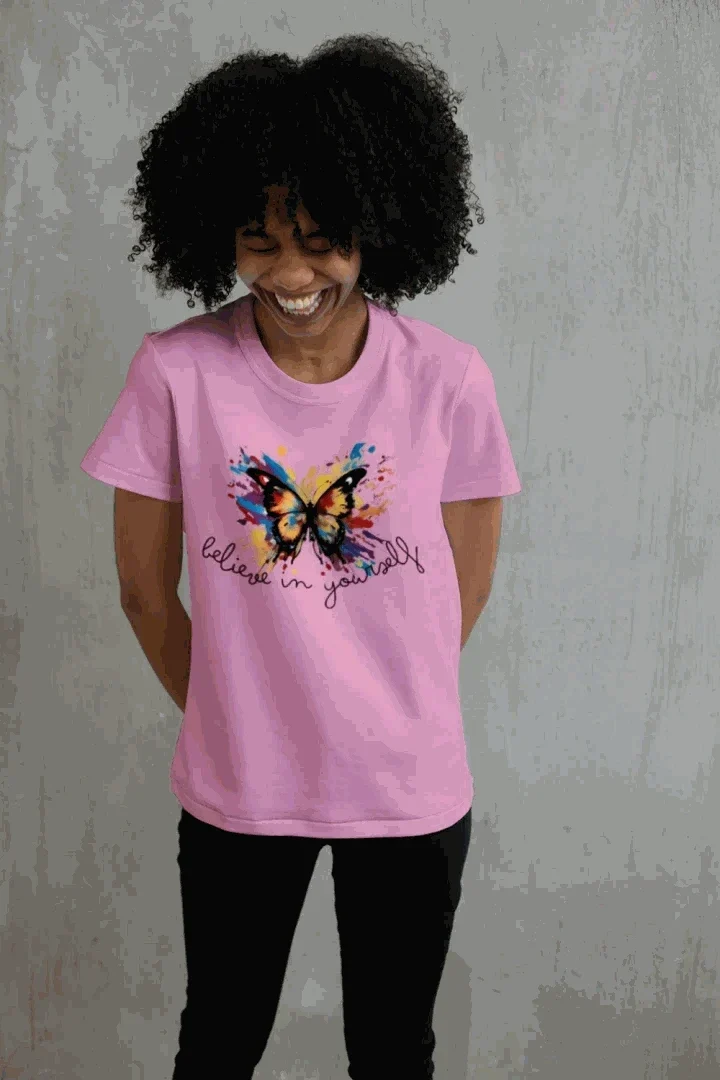Believe in Yourself T-shirt, Candy Pink front lifestyle view with colorful butterfly graphic