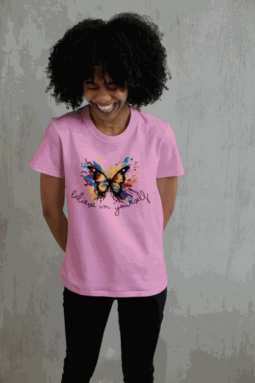 Believe in Yourself T-shirt, Candy Pink front lifestyle view with colorful butterfly graphic