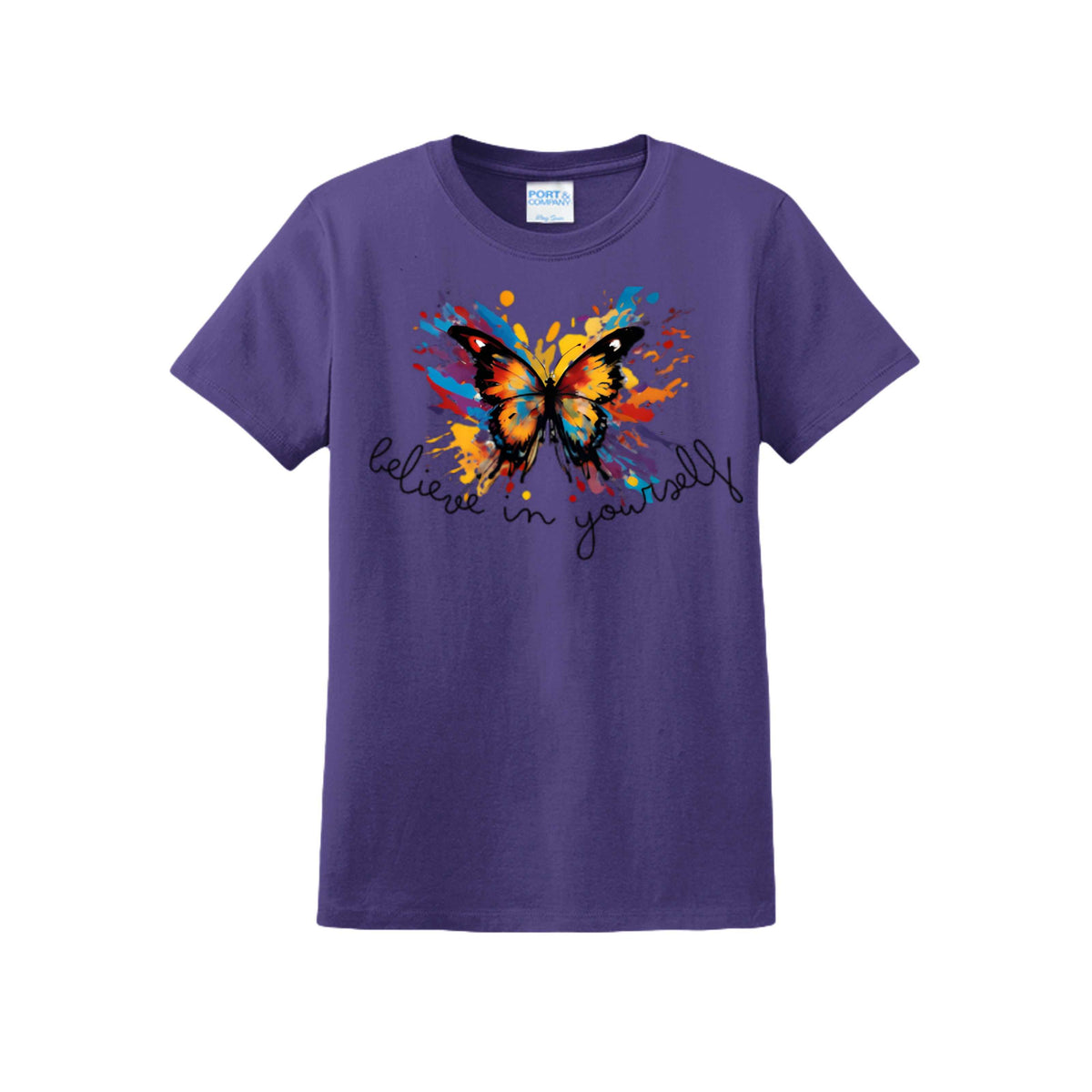 Believe in Yourself T-shirt, Purple front product mockup with colorful butterfly graphic