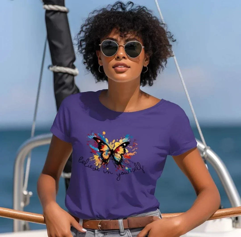 Believe in Yourself T-shirt, Purple front lifestyle view with colorful butterfly graphic