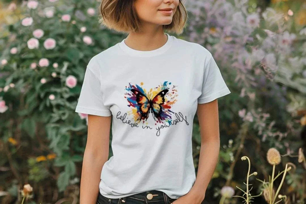 Believe in Yourself T-shirt, White front lifestyle view with colorful butterfly graphic