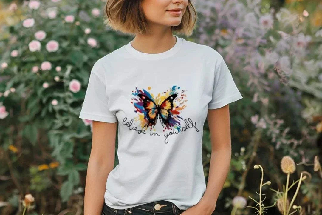 Believe in Yourself T-shirt, White front lifestyle view with colorful butterfly graphic
