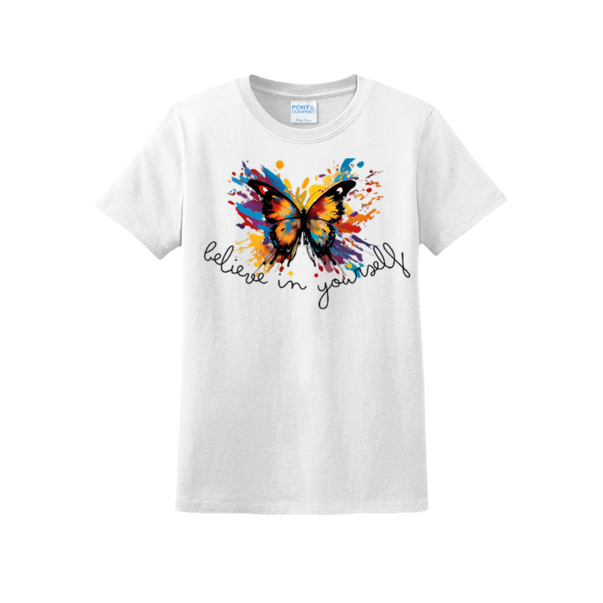 Believe in Yourself T-shirt, White front product mockup with colorful butterfly graphic