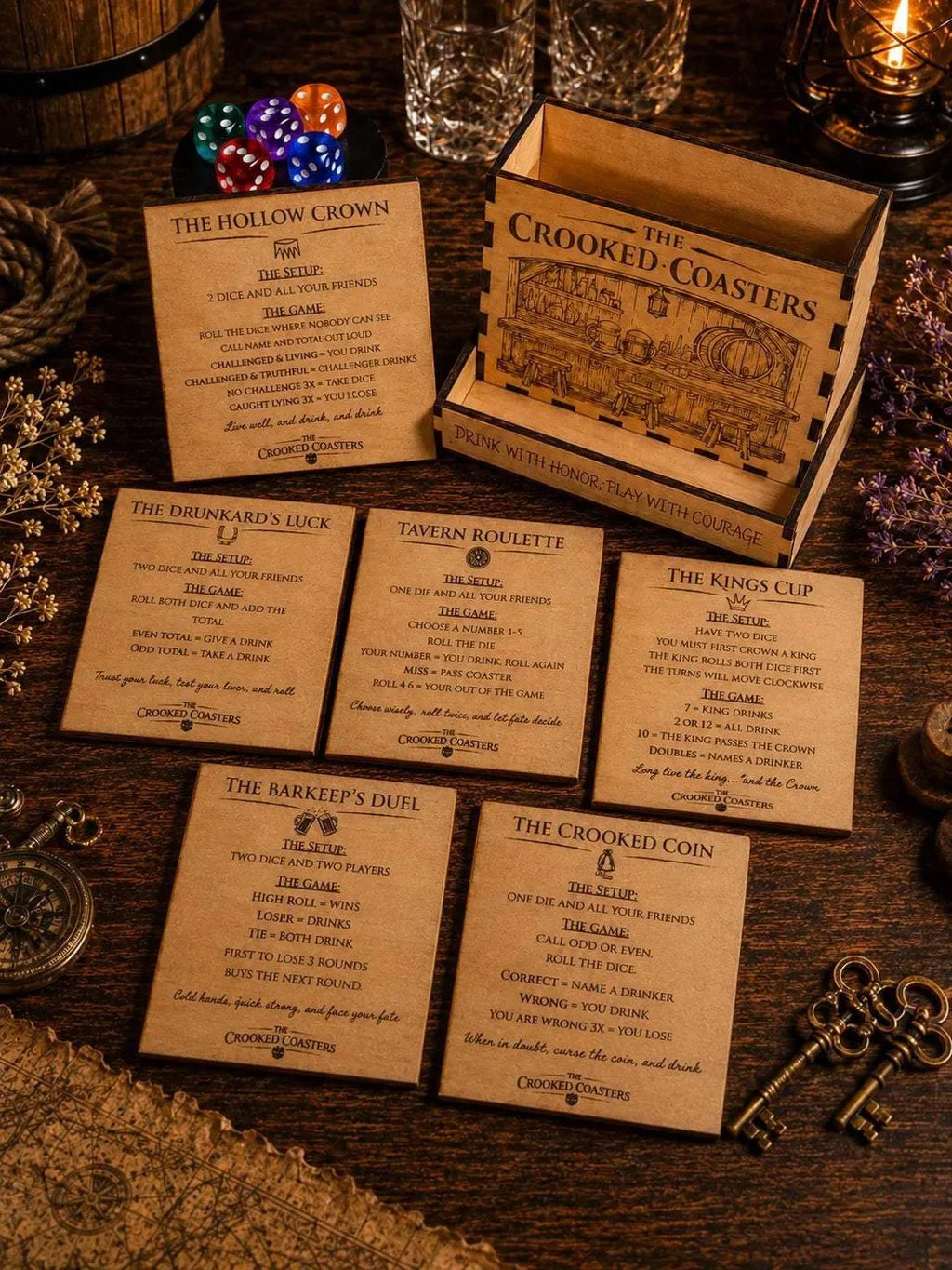 Crooked Coasters Game wooden drinking game with engraved challenge coasters, storage box, dice and shot glasses