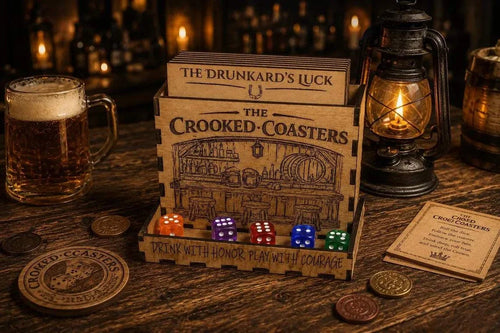 Crooked Coasters Game in a natural wood engraved box with colorful dice, engraved coasters, and printed game cards