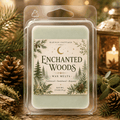 Enchanted Forest Wax Melts in a clear plastic clamshell, with pale green wax and a woodland botanical label