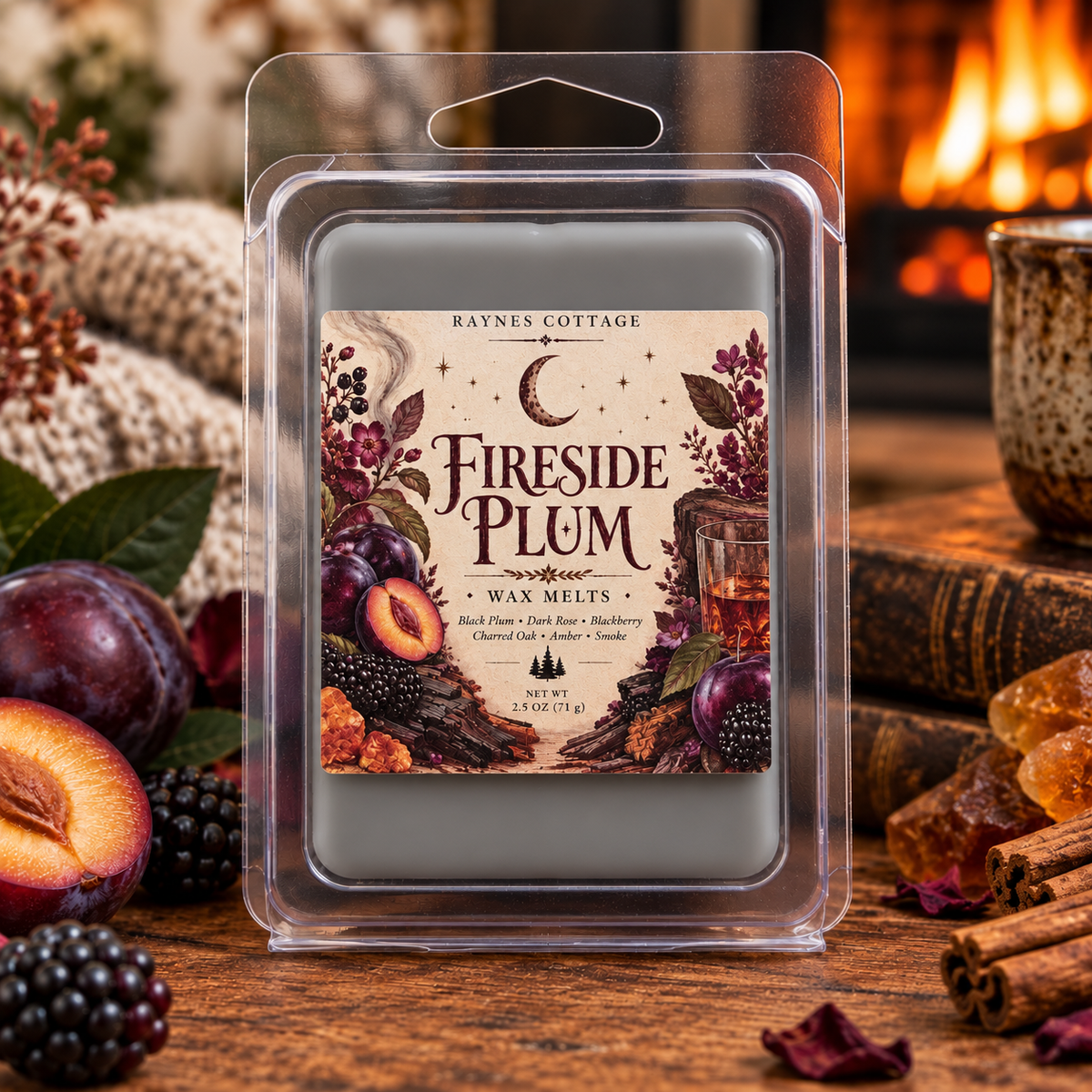 Fireside Plum Wax melt in a clear clamshell, with pale wax and a plum, berry and fireside-themed label