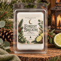 Forest Breath Wax melt in a clear plastic clamshell with a cream botanical label featuring evergreen branches, leaves and a crescent moon