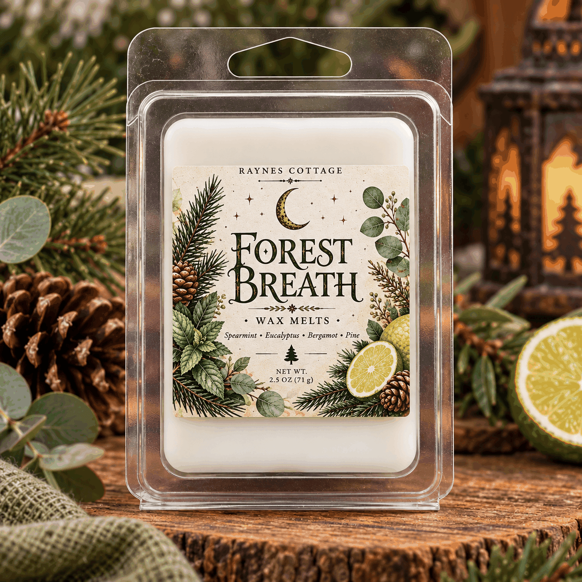 Forest Breath Wax melt in a clear plastic clamshell with a cream botanical label featuring evergreen branches, leaves and a crescent moon