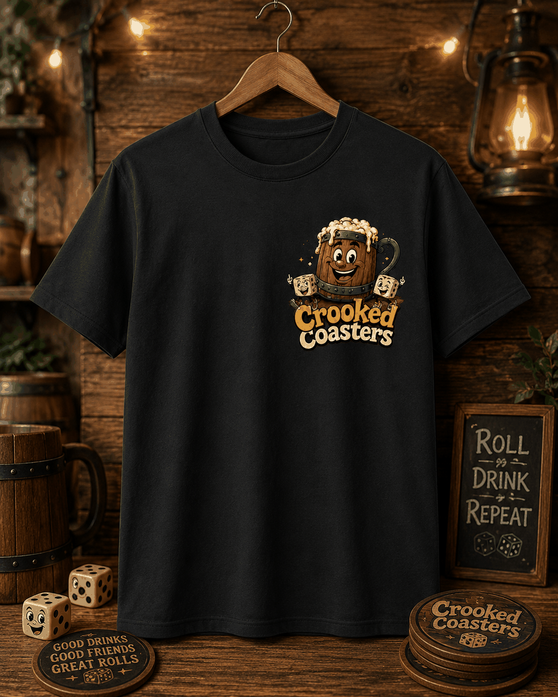 Crooked Coasters Drinking Society T-shirt, Black tee on a hanger with small chest graphic