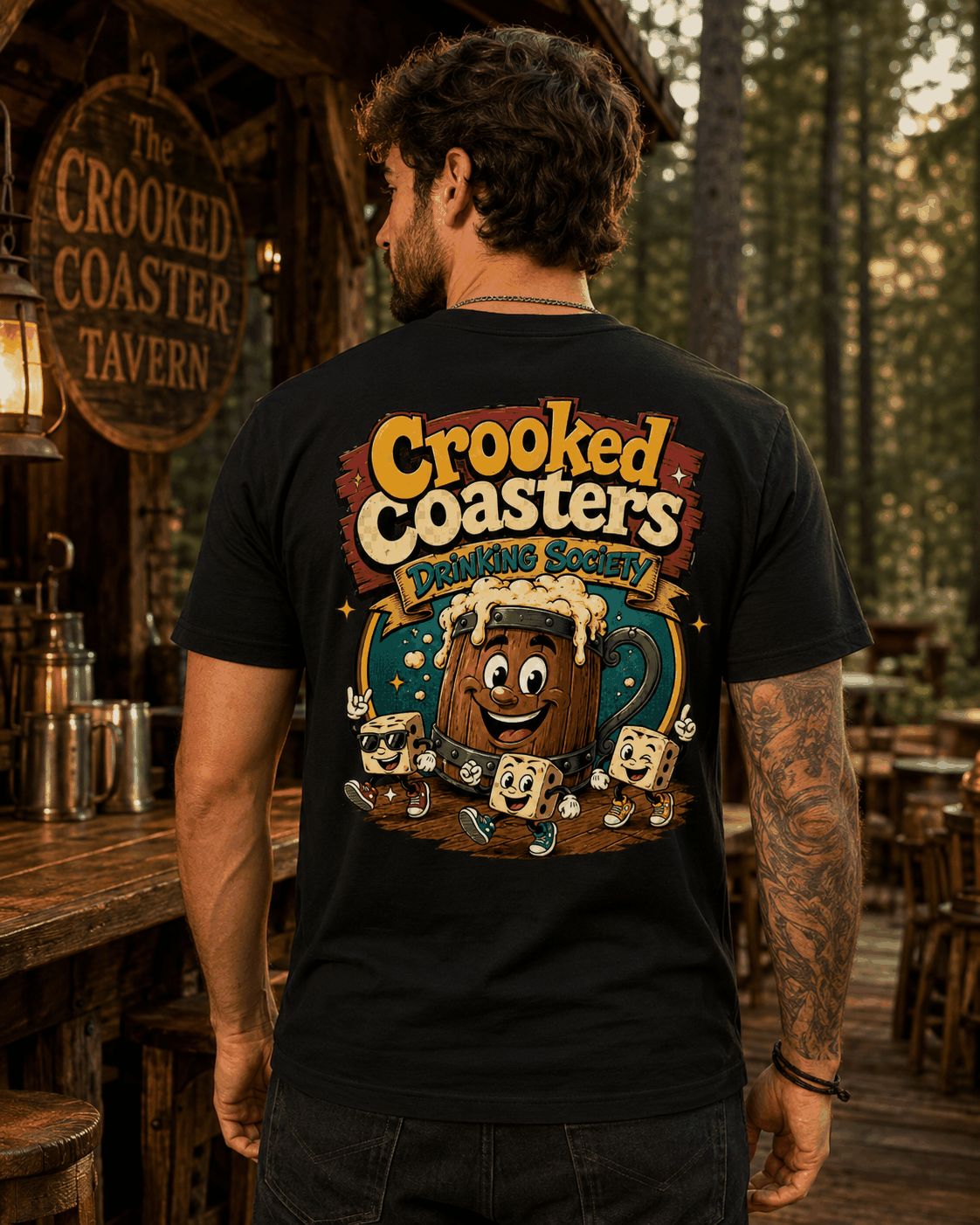 Crooked Coasters Drinking Society T-shirt, Black tee modeled indoors from the back