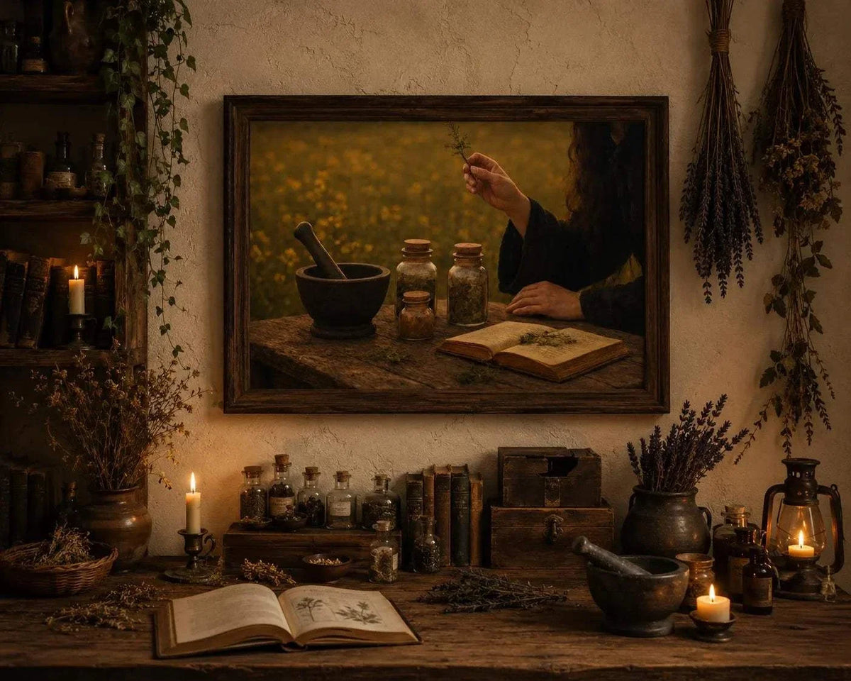 Garden Alchemy poster featuring an earthy botanical scene with glass herb jars, a mortar and pestle, and an open book