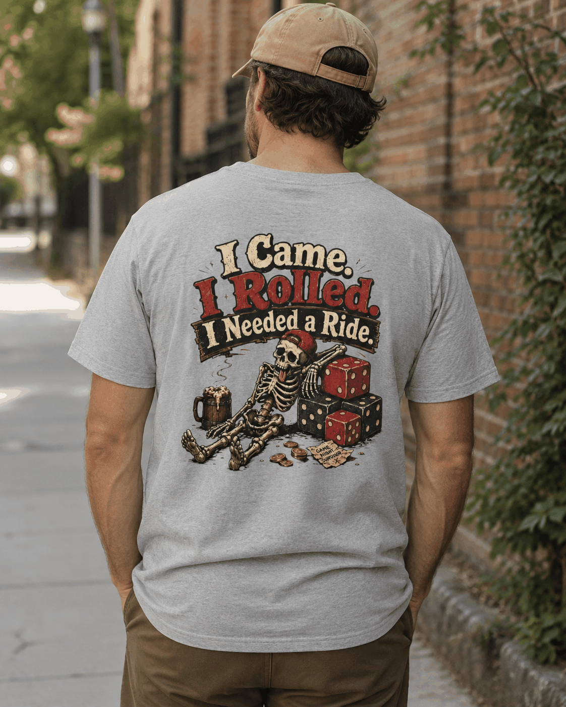 I Came I Rolled I Needed a Ride T-shirt, Sport Grey tee modeled from the back