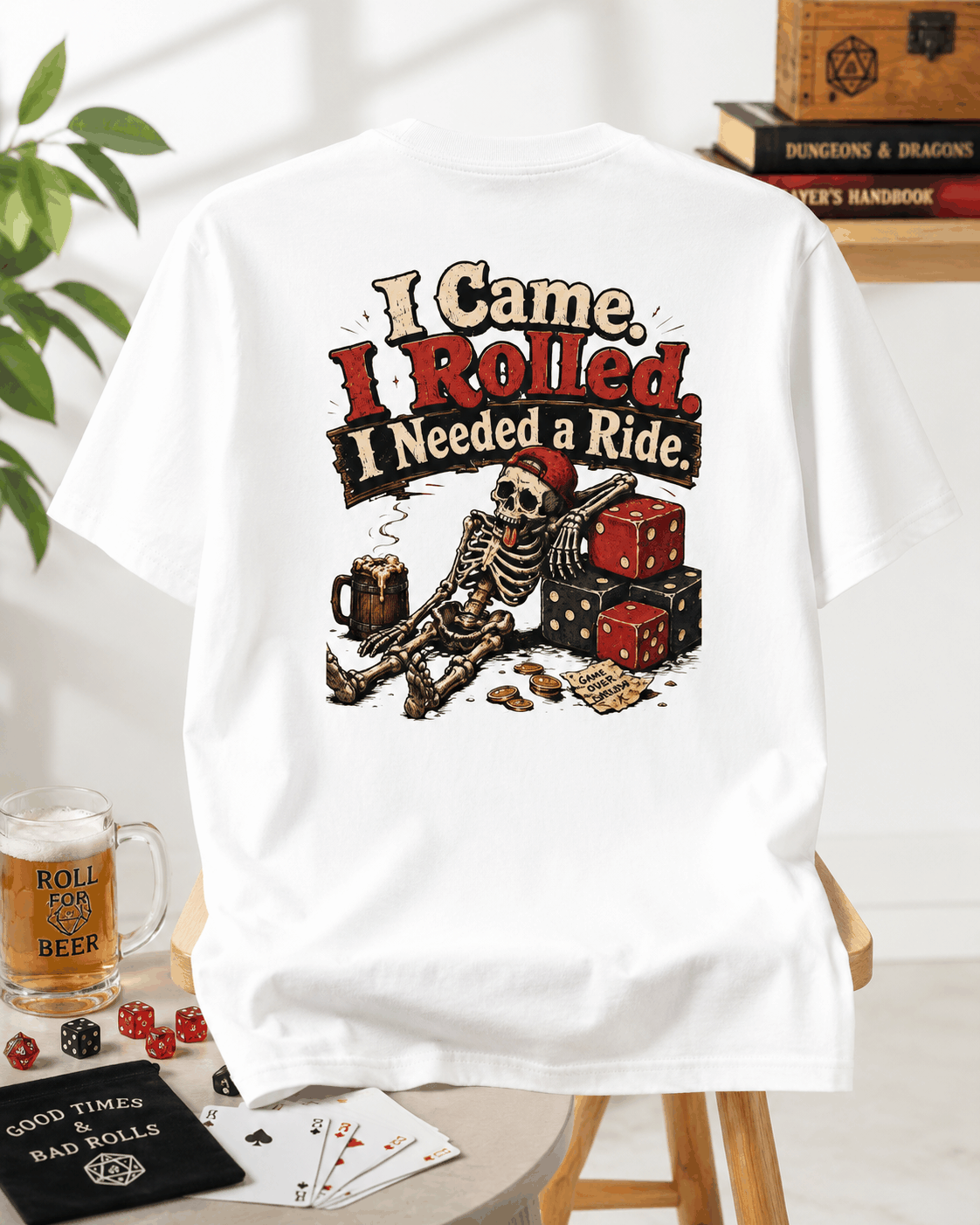 I Came I Rolled I Needed a Ride T-shirt, White tee on a display