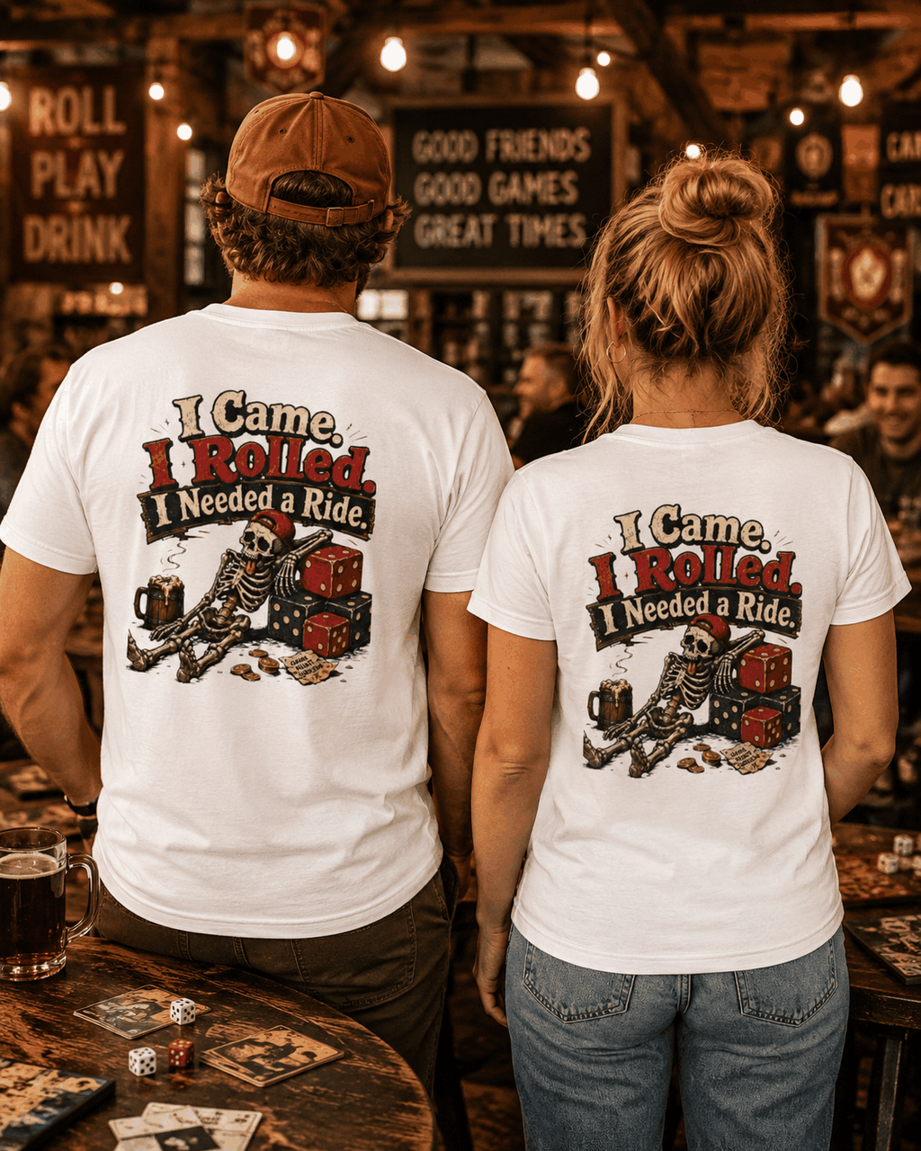 I Came I Rolled I Needed a Ride T-shirt, Two White tees modeled from the back