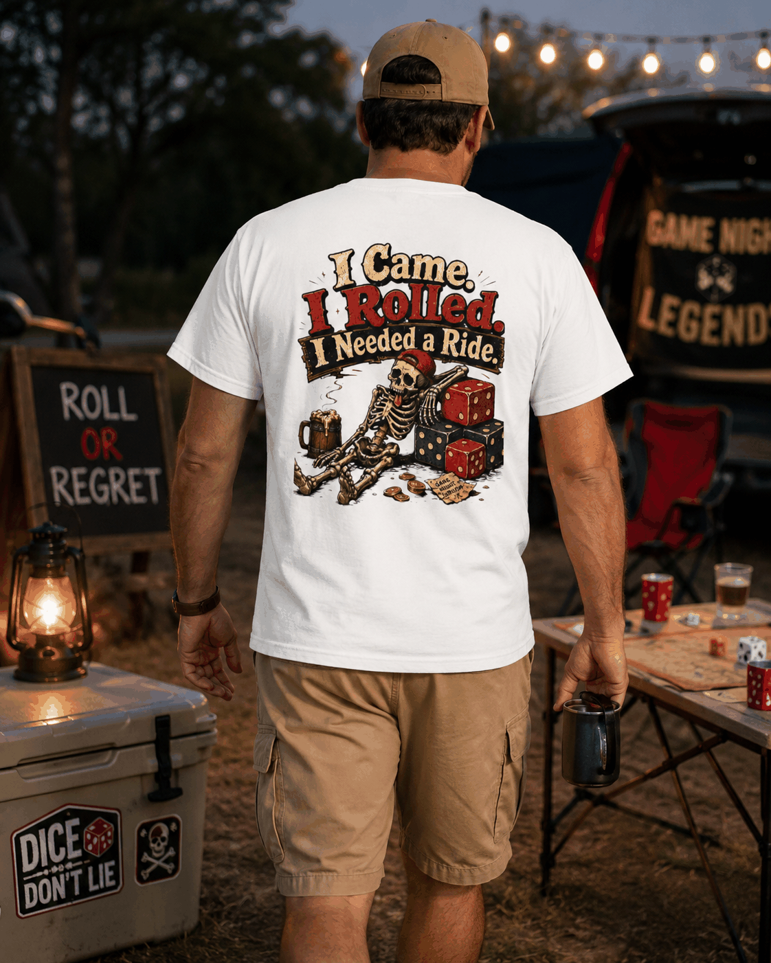 I Came I Rolled I Needed a Ride T-shirt, White tee modeled from the back