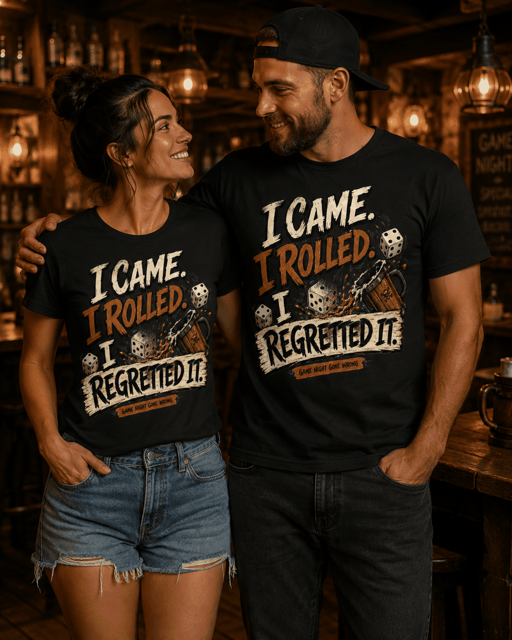 I Came I Rolled I Regretted It T-shirt, Two Black tees modeled from the front