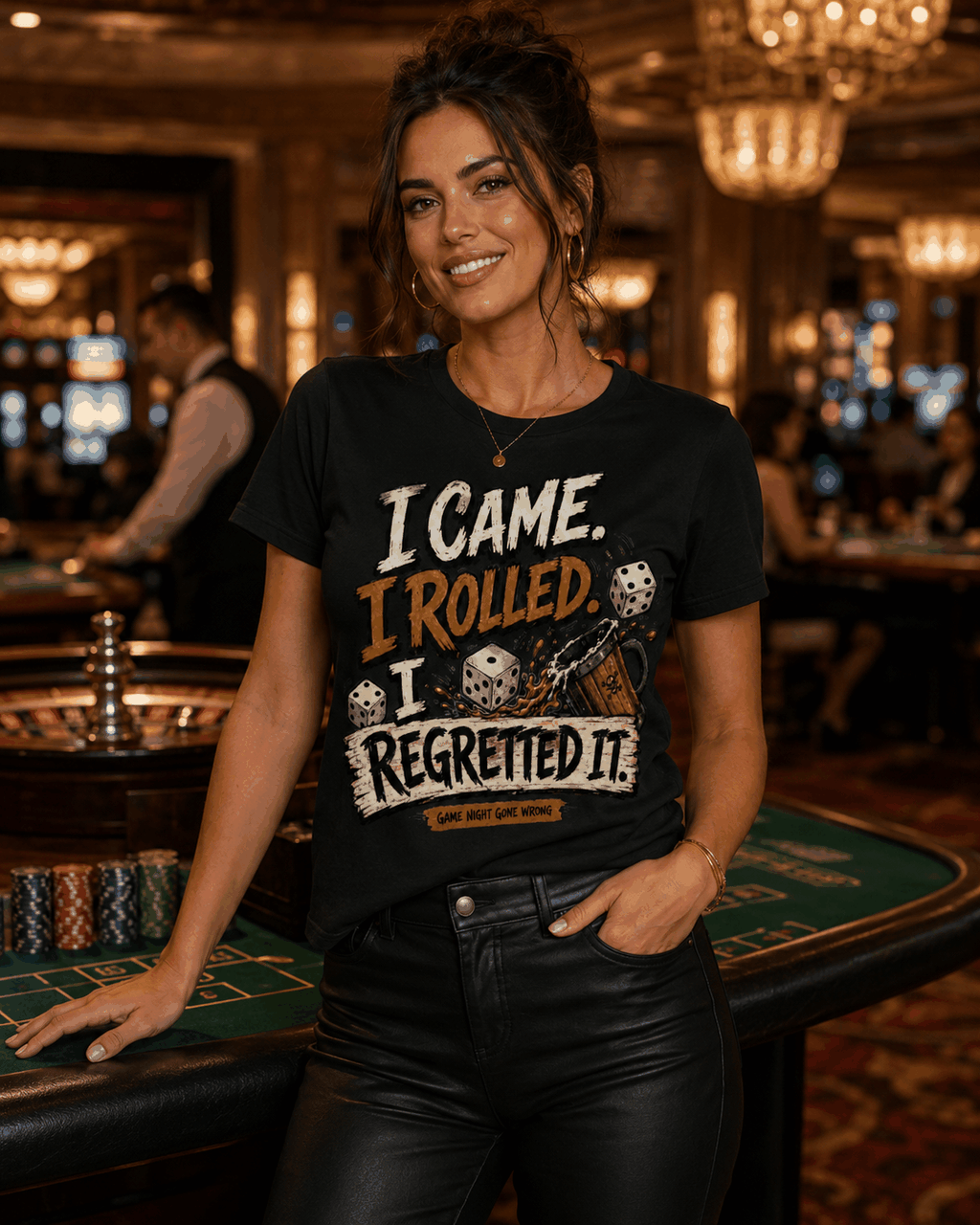 I Came I Rolled I Regretted It T-shirt, Black front lifestyle view at a tavern
