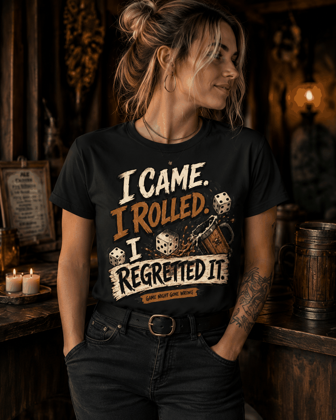 I Came I Rolled I Regretted It T-shirt, Black front lifestyle view indoors
