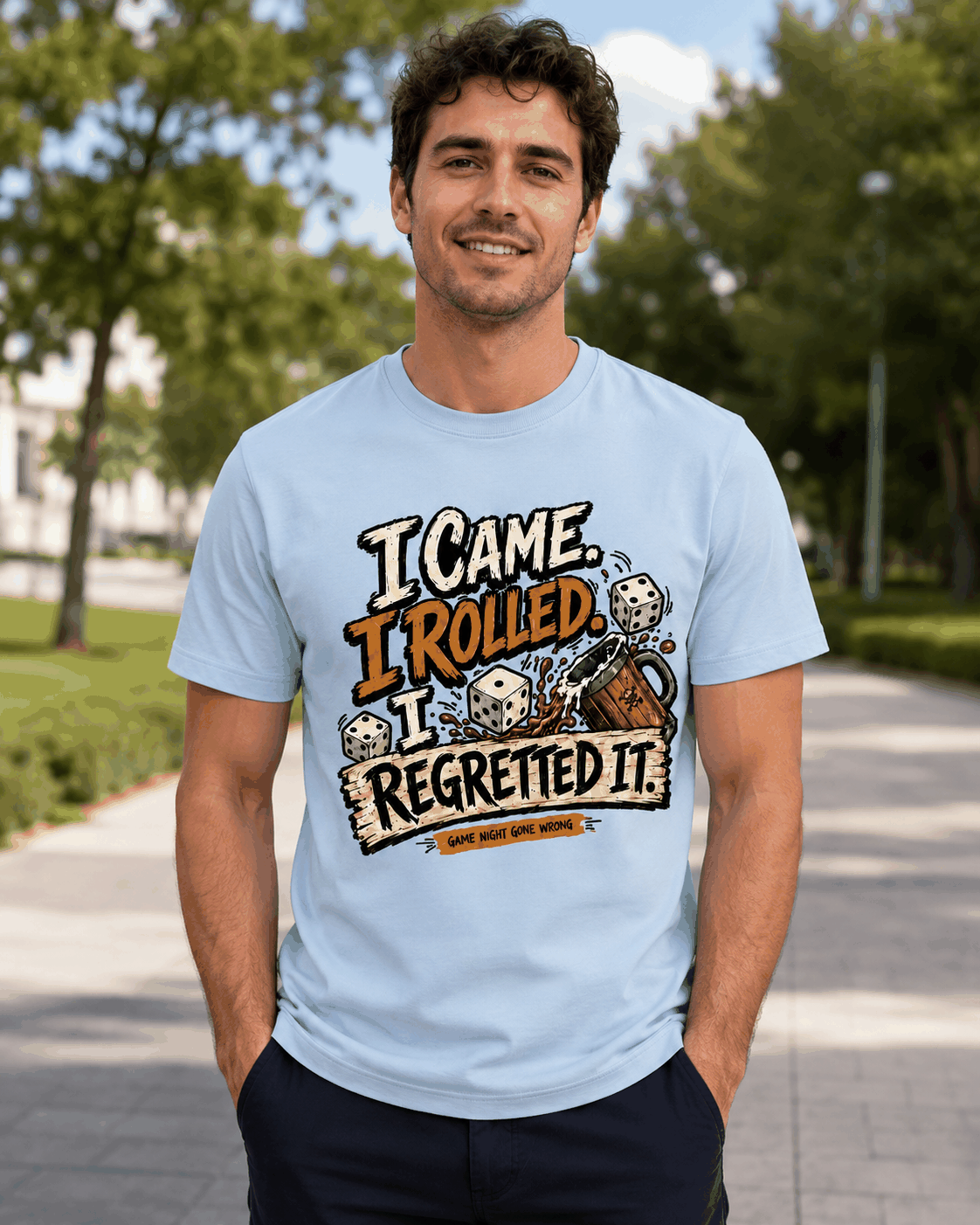 I Came I Rolled I Regretted It T-shirt, Light Blue front lifestyle view
