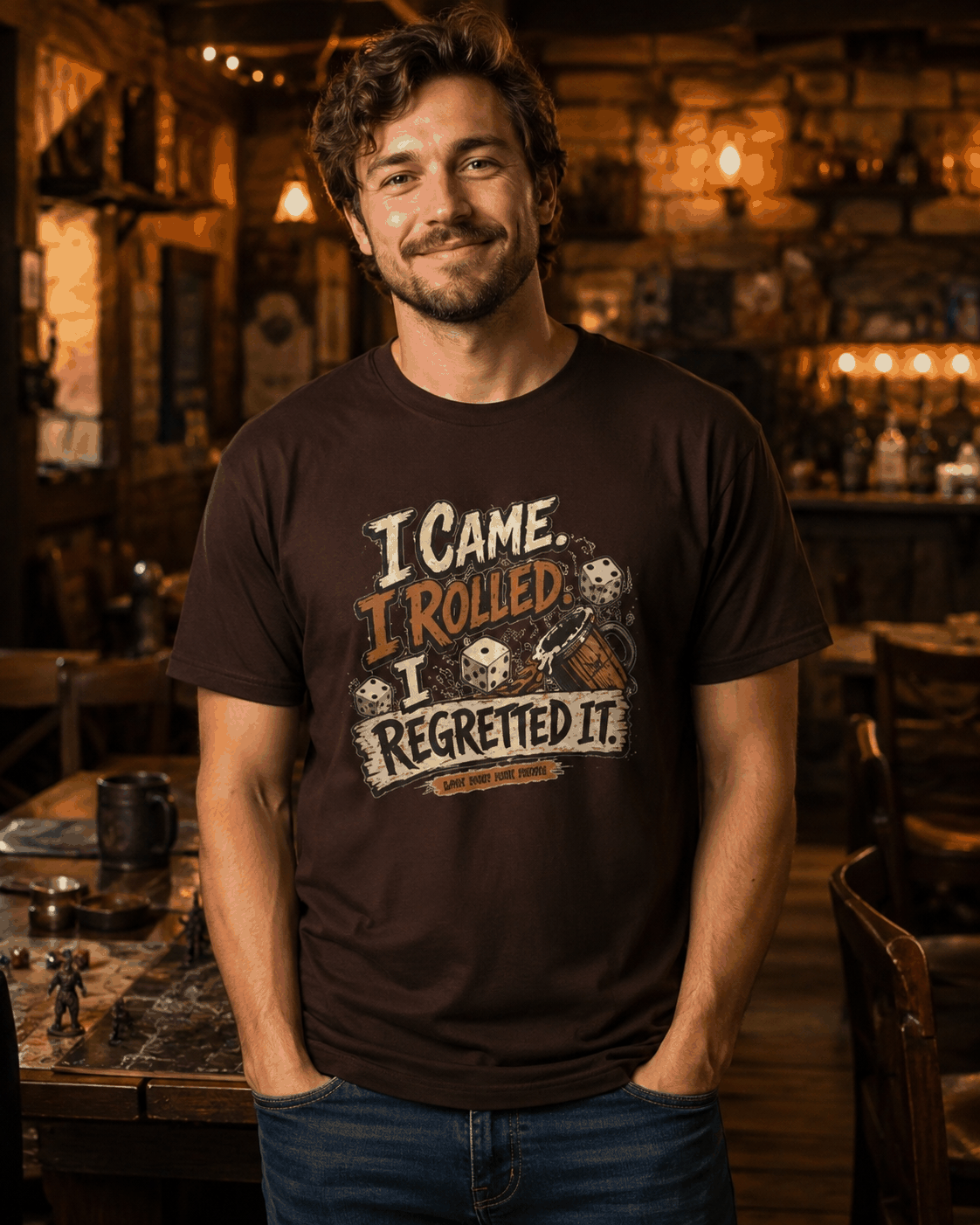 I Came I Rolled I Regretted It T-shirt, Dark Chocolate front lifestyle view