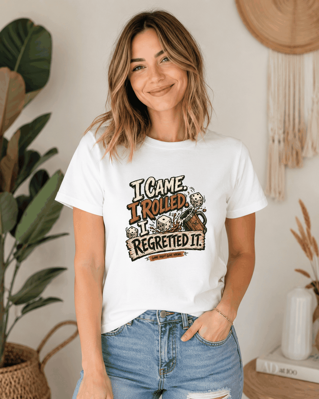 I Came I Rolled I Regretted It T-shirt, White front lifestyle view indoors
