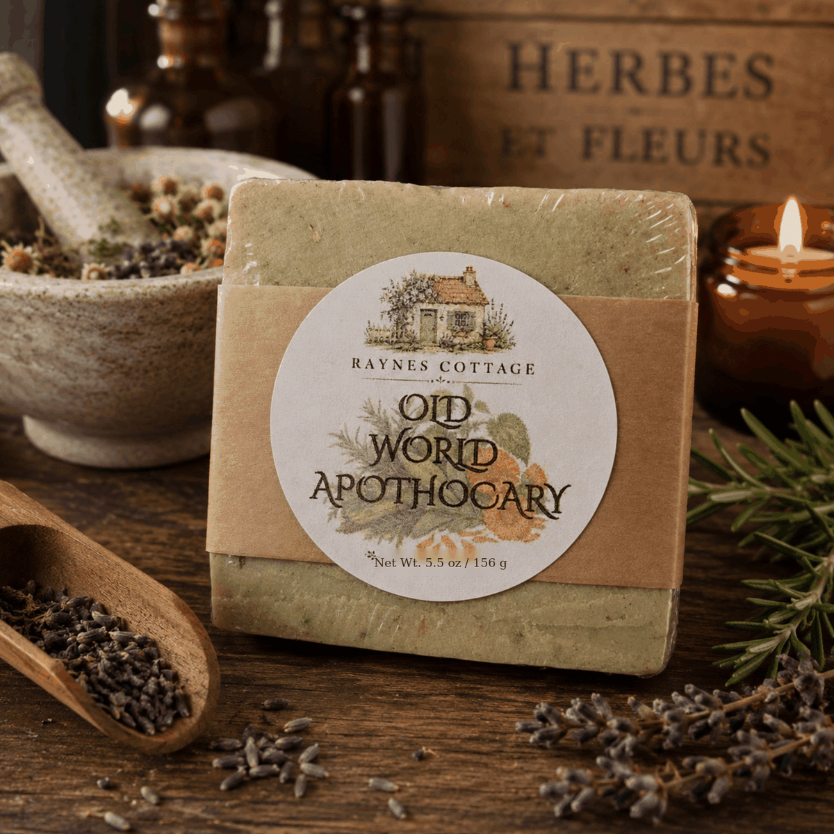 Raynes Cottage old-world-apothecary soap net weight 5.5 oz / 156 g