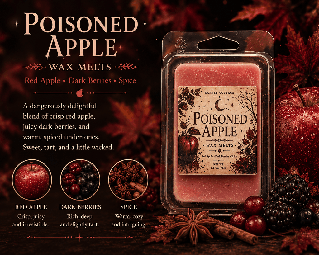 Poisoned Apple Wax Melts in a clear clamshell, featuring a rosy red wax bar and vintage apple label